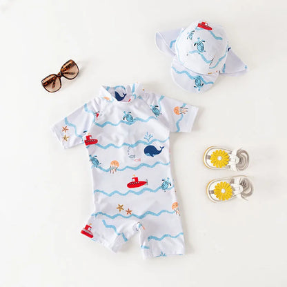 2024 baby boys girls swimwear with cap surfing Wear  swimming suit infant toddler kids children Sunscreen beach bathing Suit