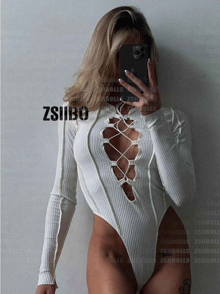 Women Ribbed Knitted Long Sleeve Tie Up Sexy Bodysuit Bandage Patchwork Outfit High Waist jumpsuit Top Bodycon Club Party Body