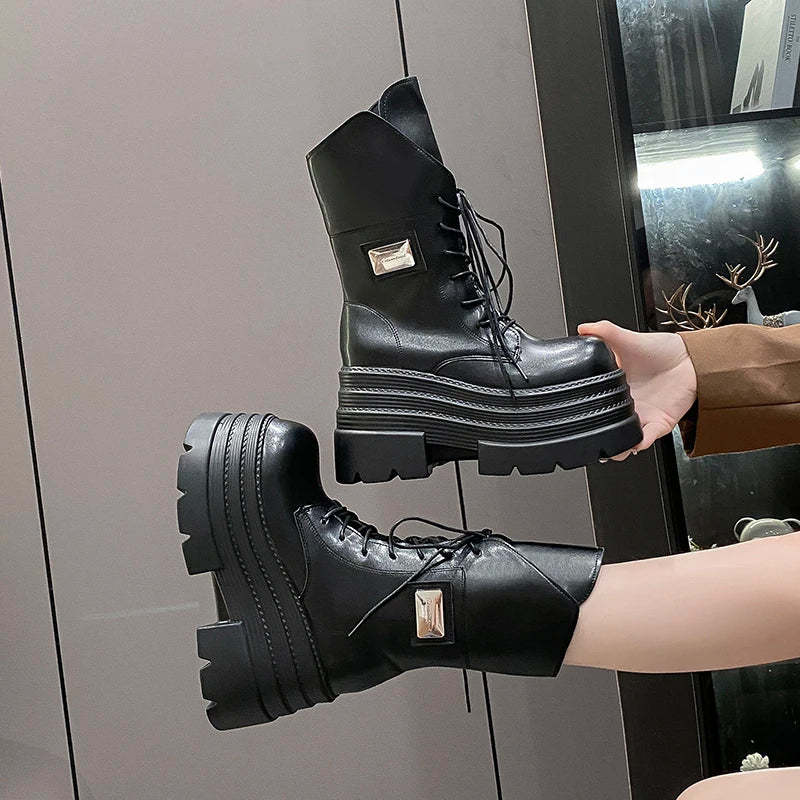 10CM Women's Mid-Calf Boots New Lace-up Patent Leather Chunky Punk Shoes Autumn High Heels Platform Motorcycle Boots For Woman