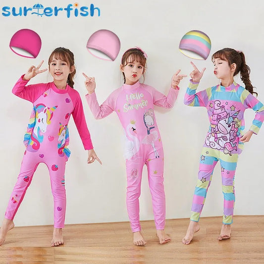 Kids Wet suit Long Sleeve Surfing Suit Rainbow Star Unicorn Diving Snorkeling Swimming Jumpsuit  Dive Swimwear Girls With Cap