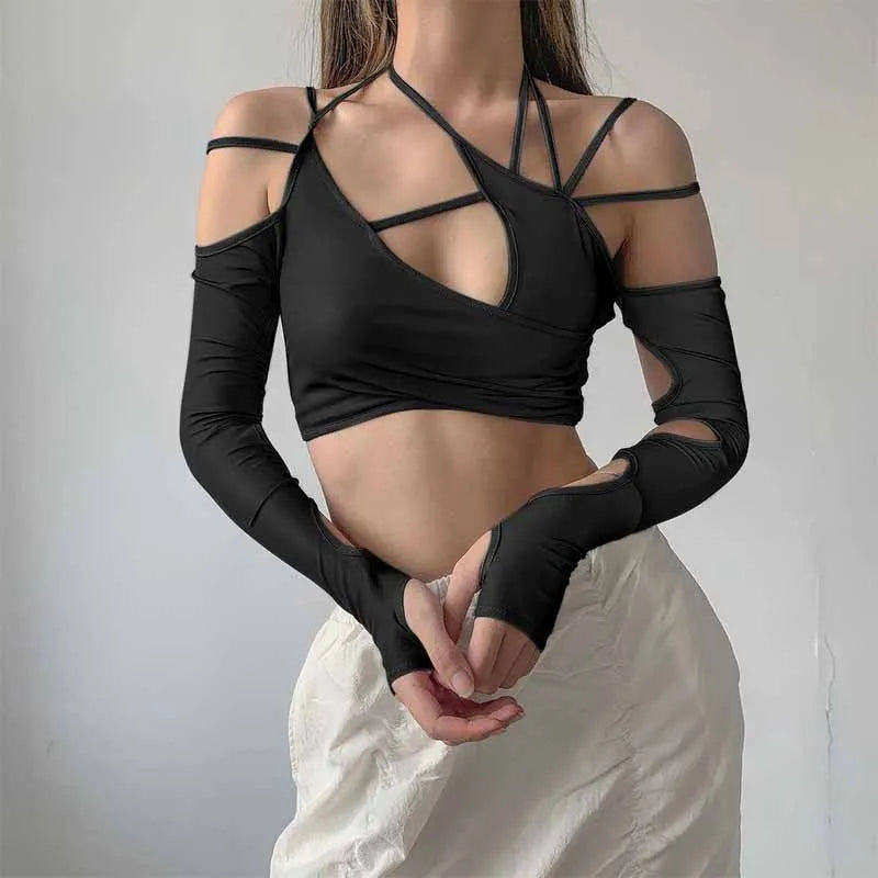 Women's Punk Long Sleeve Crop Top, Gothic Halter Tops, Casual T-shirts, Sexy Cut Out, Patchwork