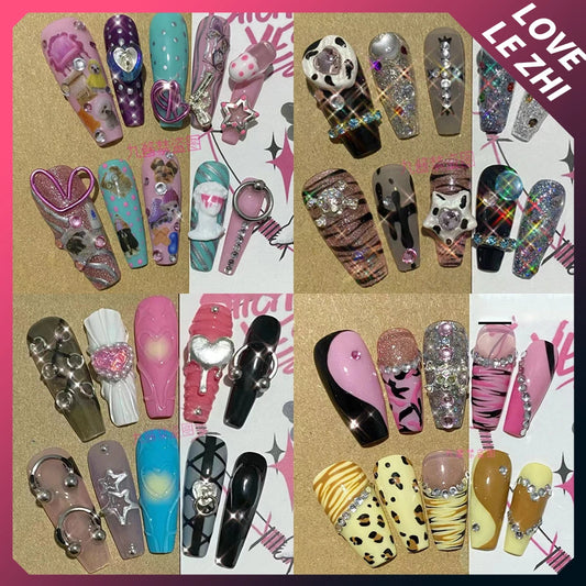 Y2K Long Coffin Handmade Press On Nails 3D Leopard Print with Five-Pointed Star Glitter Pearl Design Reusable Girls Fake Nails