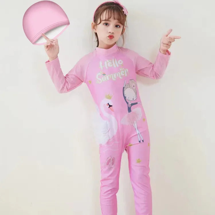 Kids Wet suit Long Sleeve Surfing Suit Rainbow Star Unicorn Diving Snorkeling Swimming Jumpsuit  Dive Swimwear Girls With Cap