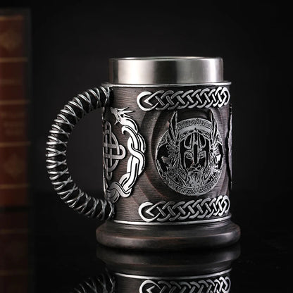 Nordic Mythology Beer Glass Odin Resin Stainless Steel Mug God of War Beer Steins Tankard Coffee Cup Tea Tumbler Drinkware Decor