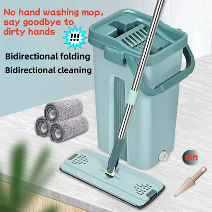 Flat Squeeze Mop with Bucket Hand Free Wringing Floor Cleaning Mop Microfiber Mop Pads Wet or Dry Usage on Hardwood Laminate