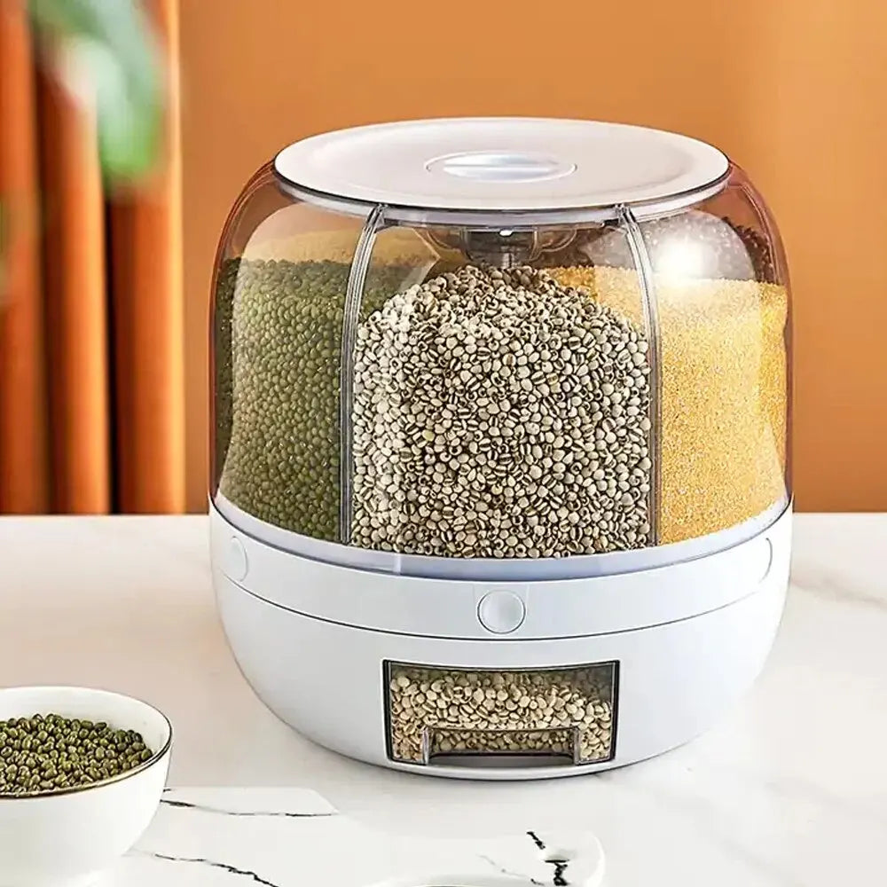 Kitchen Grain Storage Container Dispenser, 360 ° Rotation, One Click Output, 6-cell Storage, Suitable For, Beans, and Rice