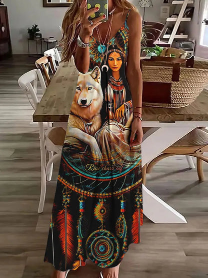 2024 New 3D Owl Vintage Print Sleeveless Vest Long Women's Tribal Pattern Spaghetti Strap Dress Summer Long Loose Vest Dresses