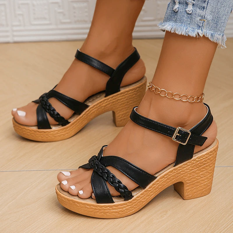 Women's Braided High Heels Sandals 2024 Summer Chunky Platform Gladiator Sandals Woman Ankle Straps Vacation Casual Beach Shoes