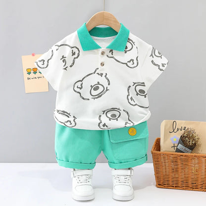 Summer New Baby Boys Clothes Set Kids Outfits Printed Bear Turn-down Collar T-Shirts Tops+ Shorts 2PCS/Suit Infant Clothing Sets