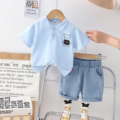 0-5 Year Old Baby Boy Summer Simple Clothes Set Children's Fashion Cartoon Robot Polo Shirt + Denim Shorts 2-Piece Suits