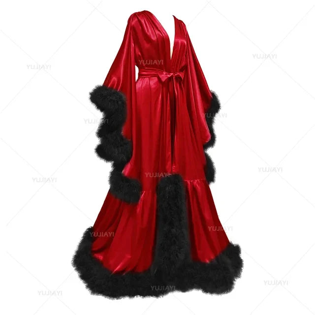 Bathrobe for Women Lingerie Flare Sleeves Bridal Feather Robe Silk Satin Luxury Long Wedding Dressing Gown Maternity Dress