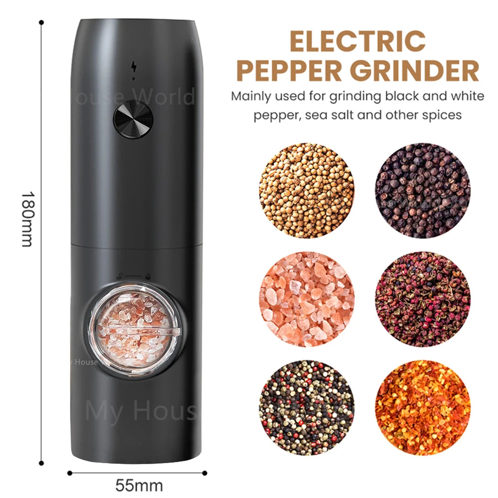 Electric Automatic Mill Pepper And Salt Grinder USB Charging Spice Salt Pepper Grinder With LED Light Adjustable Coarseness Mill