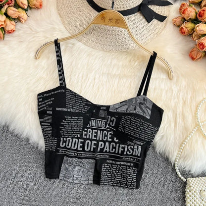 Women Push Up Camisole Padded Bra Sexy Top Suspender Tanks Fashion Printed Newspaper Camis Female Soft Sleeveless Tube Tops