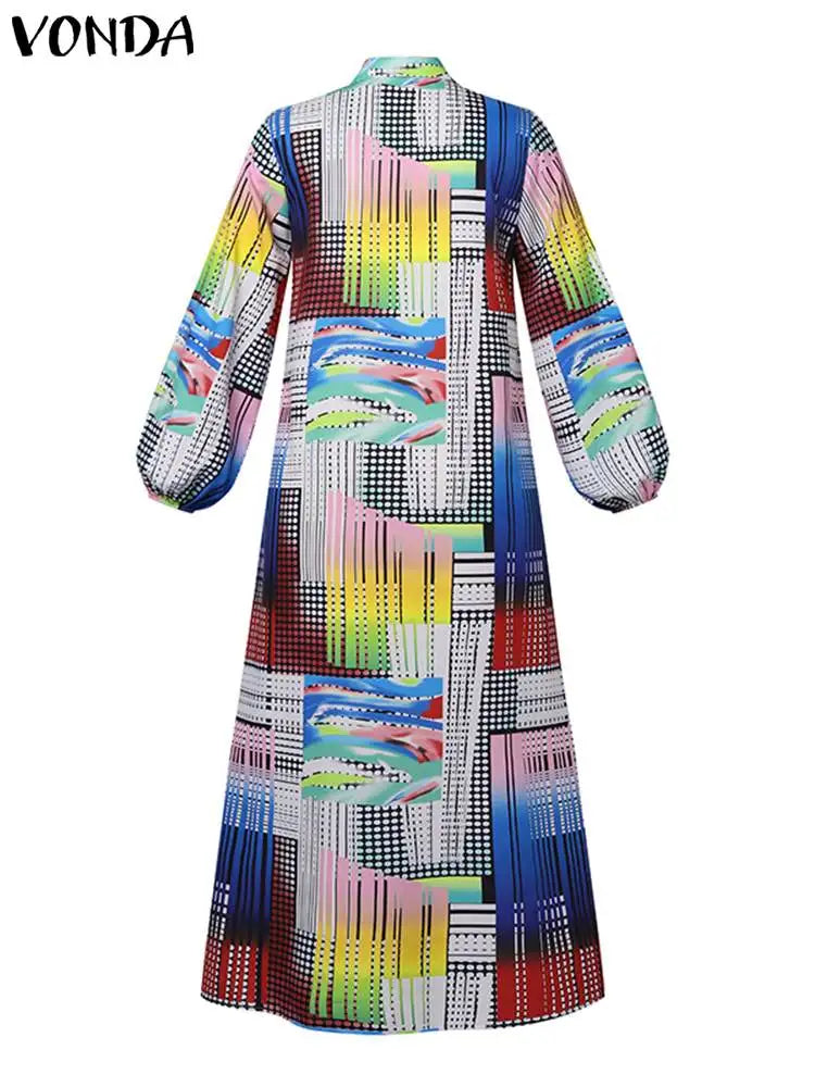 VONDA Plus Size Bohemian Printed Dress 2024 Autumn Women Elegant Long Sleeve Vintage Maxi Sundress Casual Buttons Loose Robe 5XL