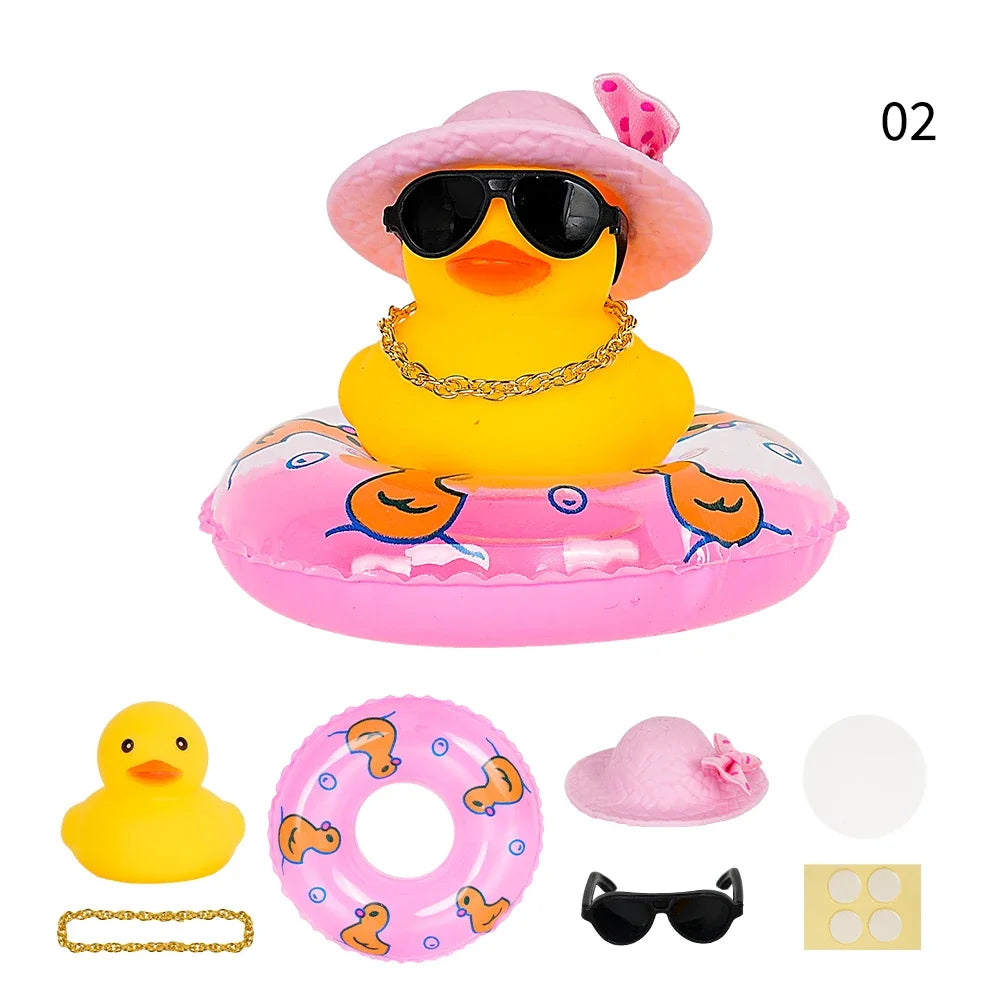 Car Duck Car Rubber Dashboard Decorations Ornament Yellow Duck with Mini Swim Ring Sun Cowboy Hat Necklace for Auto Office