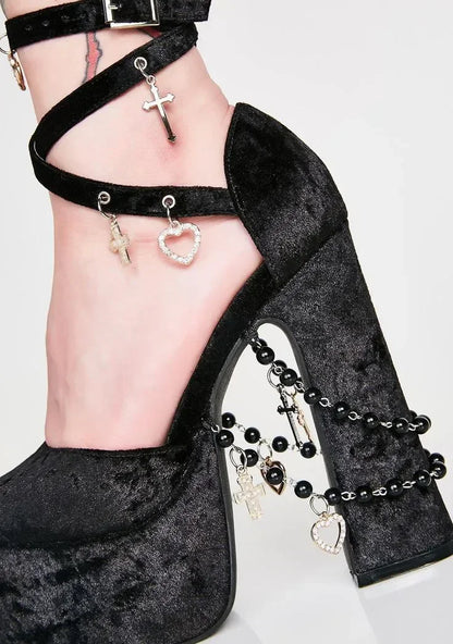 Chunky Heel Black Pearl Sandals Peep Toe Platform Black Velvet Cross heart Chains Decor Women Shoe Cross Strap Buckle Sandalias