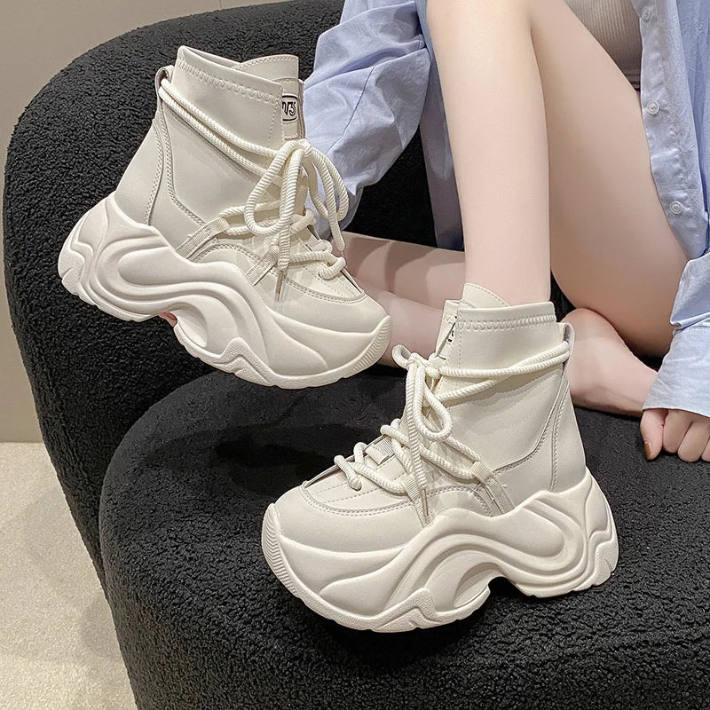 Women's Autumn Winter Ankle Leather Boots High Heel Motorcycle Boots Women's Thick Sole High Platform Combat Casual Shoes