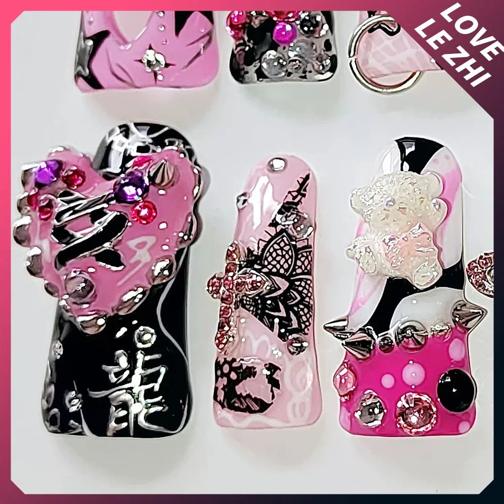 Handmade Y2K Press On Nails 3D Black Powder Small Snakes Duckbill Lace Rhinestone Punk Rivet Beautiful Wearable Fake Nail