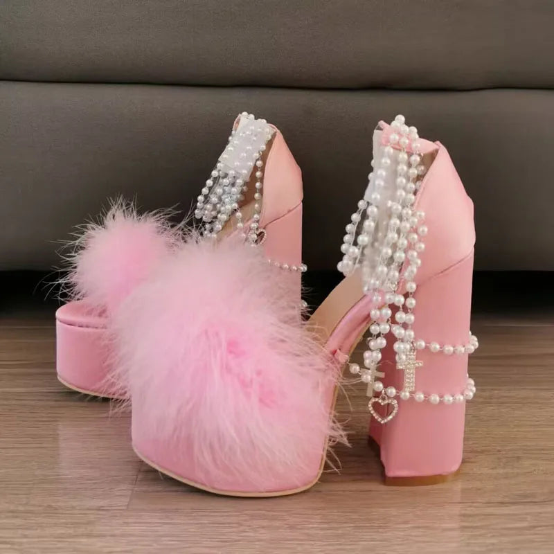 Sweet Pink Ostrich Feather Necklace Heart Chains Sandals Platform Chunky High Heels Wedding Shoes Peep Toe Lolita Shoes Woman