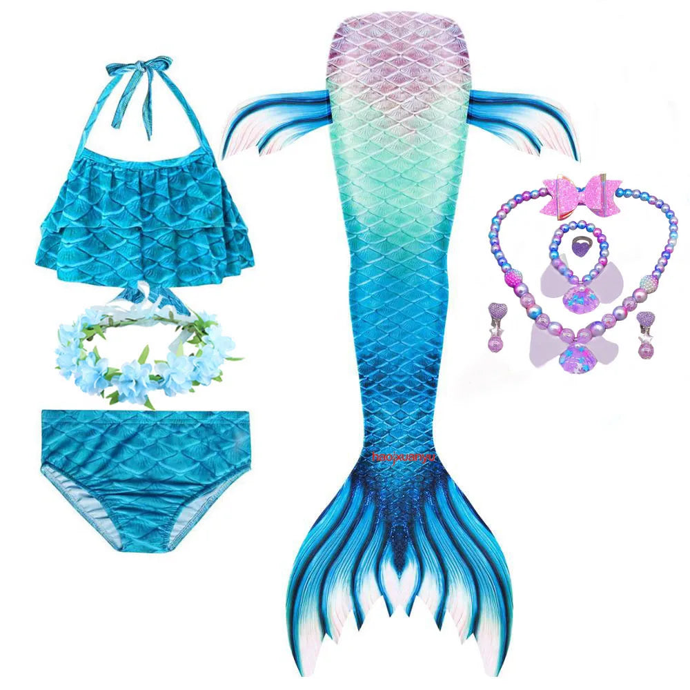 Haojxuanyu Children Mermaid Swimwear Girls Pink Blue Bikini Set Kids Swimsuit Cosplay Mermaid Tail Costume for Swimming