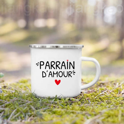 French Marraine Parrain Print Enamel Coffee Mug Drinks Milk Cup Camping Mugs Best Birthday Holiday Gift for Godmother Godfather