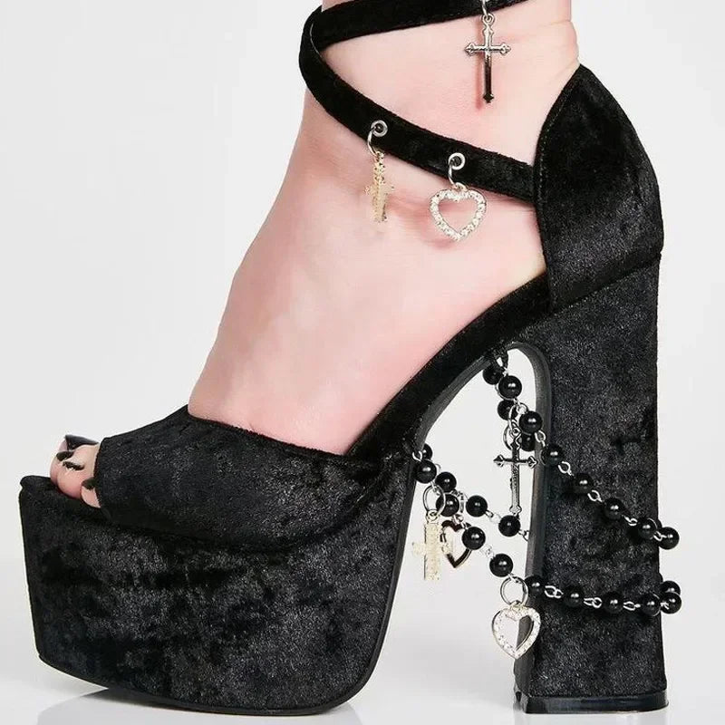 Chunky Heel Black Pearl Sandals Peep Toe Platform Black Velvet Cross heart Chains Decor Women Shoe Cross Strap Buckle Sandalias