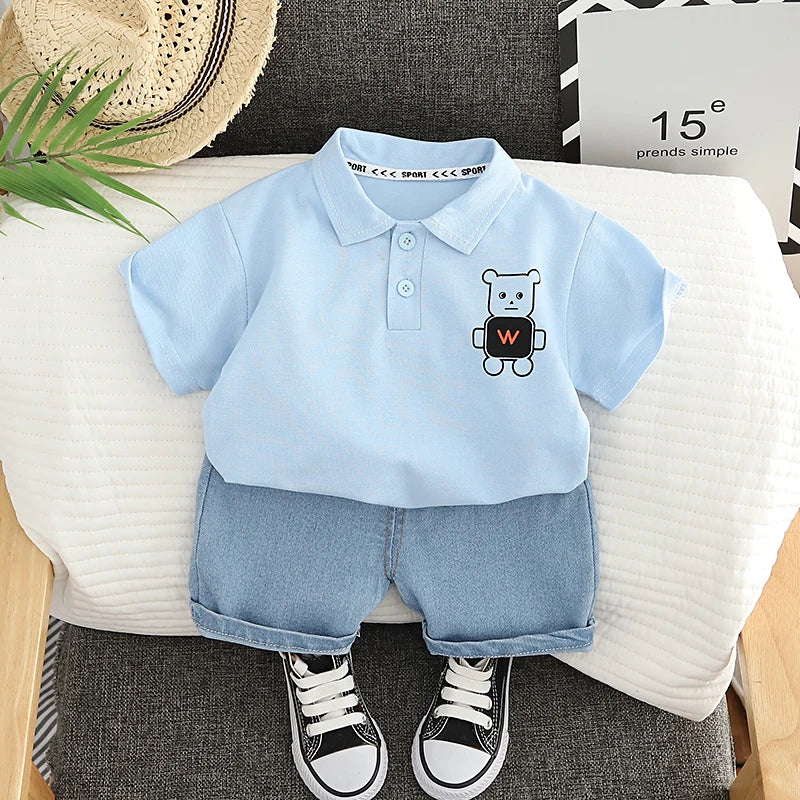 0-5 Year Old Baby Boy Summer Simple Clothes Set Children's Fashion Cartoon Robot Polo Shirt + Denim Shorts 2-Piece Suits