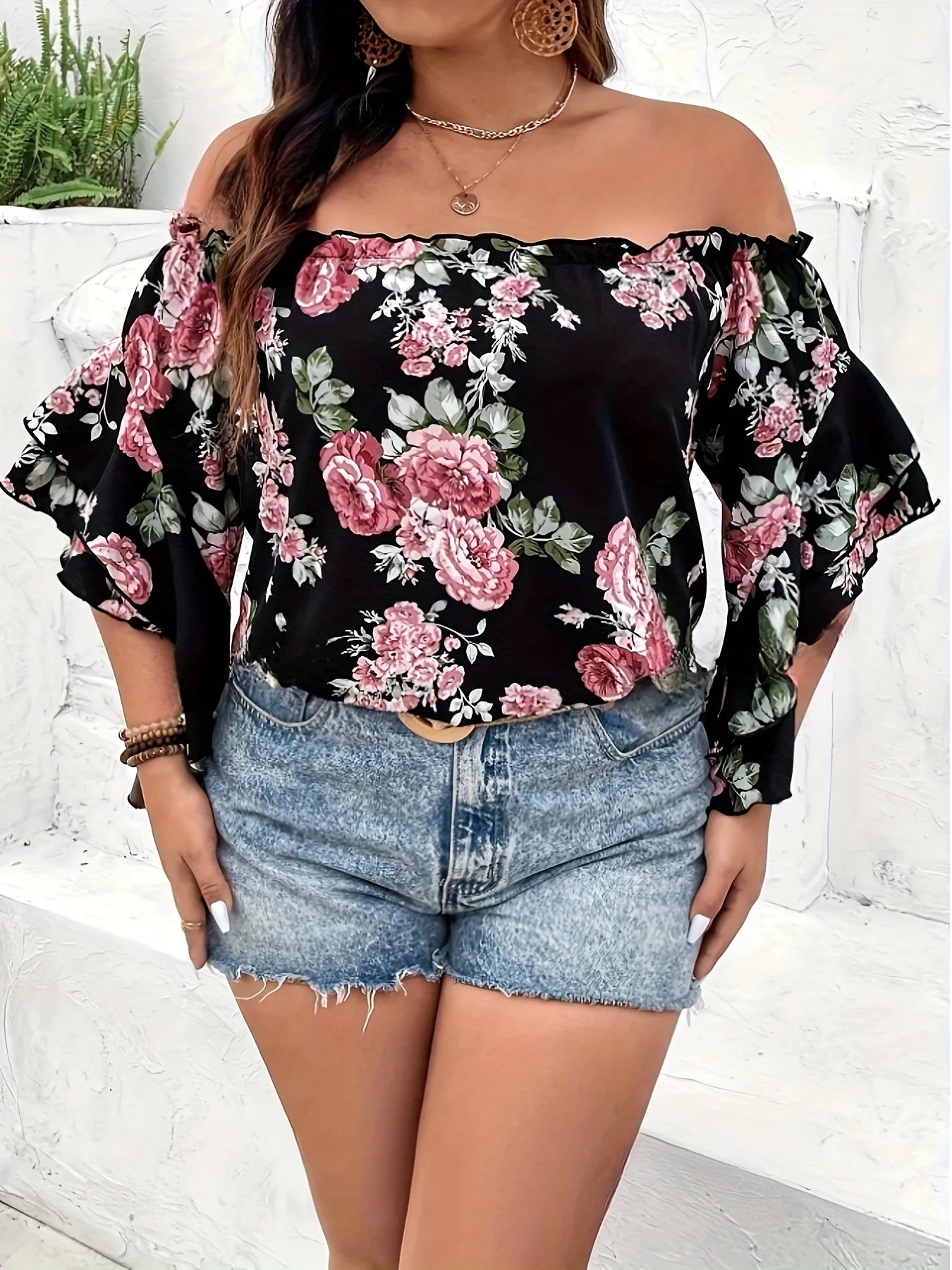 Plus Size Summer Women Elegant Chiffon Shirt Floral Print Off the Shoulder Tops Ruffle Sleeve Curve Clothing