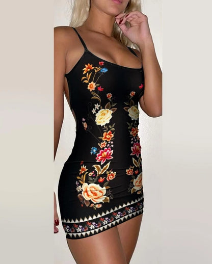 Women's Vacation Dress 2024 Spring/Summer Latest Fashion Tribal Print Backless Bodycon Dress Beach Sleeveless Short Skirt