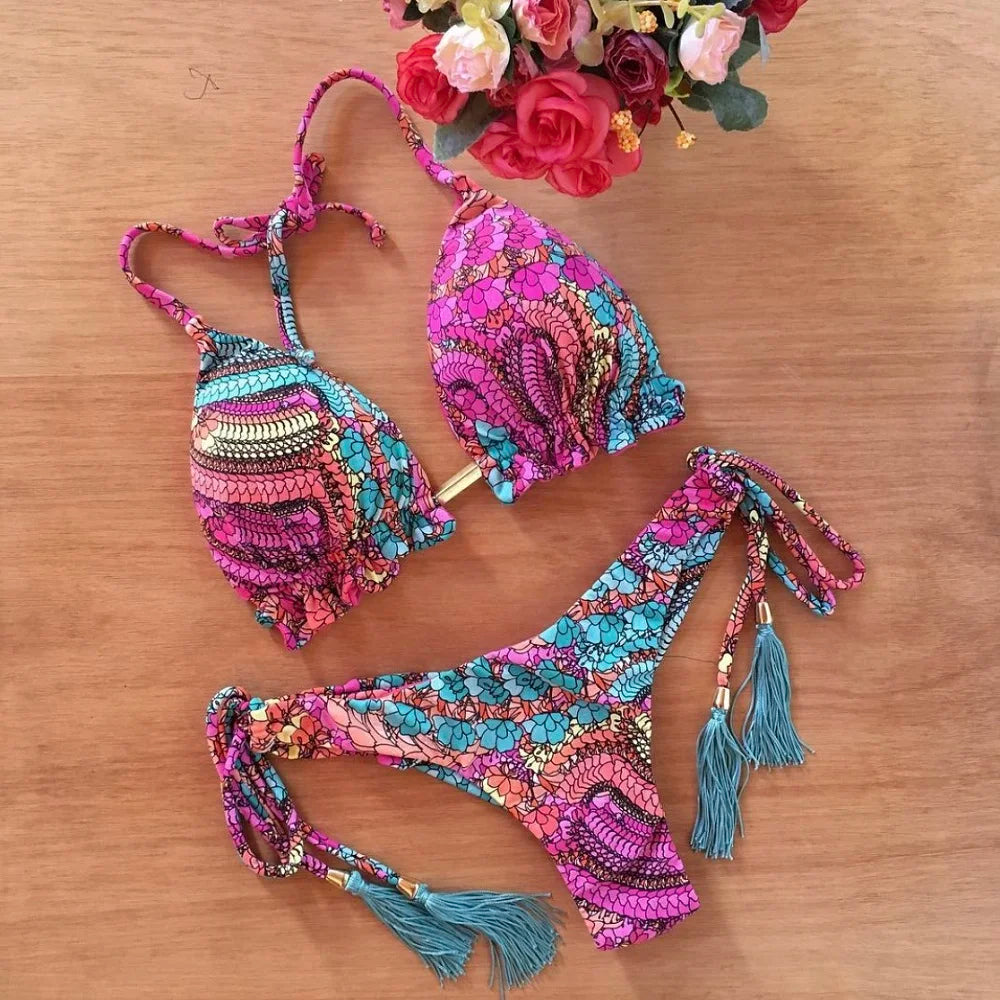 2022 Sexy Bikini Floral Print Swimwear String Bikini Set Push Up Swimsuit Bikinis Women Biquini Beach Bathing Suit Women