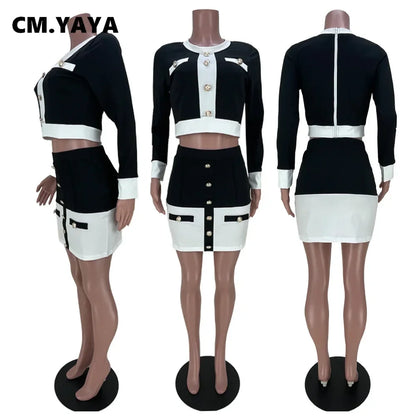 CM.YAYA Women Patchwork Vintage Bodycon Midi Mini Skirts Suit with Jumper Tops Matching Two 2 Piece Set Outfits