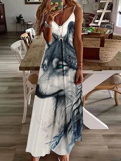 2024 New 3D Owl Vintage Print Sleeveless Vest Long Women's Tribal Pattern Spaghetti Strap Dress Summer Long Loose Vest Dresses