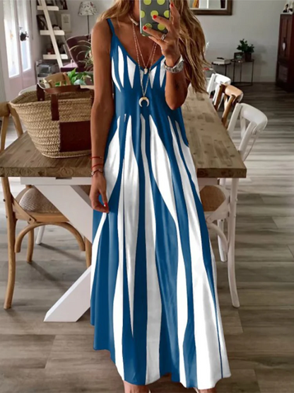 Sexy Sleeveless Dress Women Black White Stripe Printed Long Dresses Summer Casual Vacation Party Dress Robe