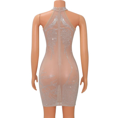 Sexy Mesh Rhinestone Short Prom Evening Mini Dress See Through Outfits Luxury For Women Night Club Party Diamond Bodycon Dresses