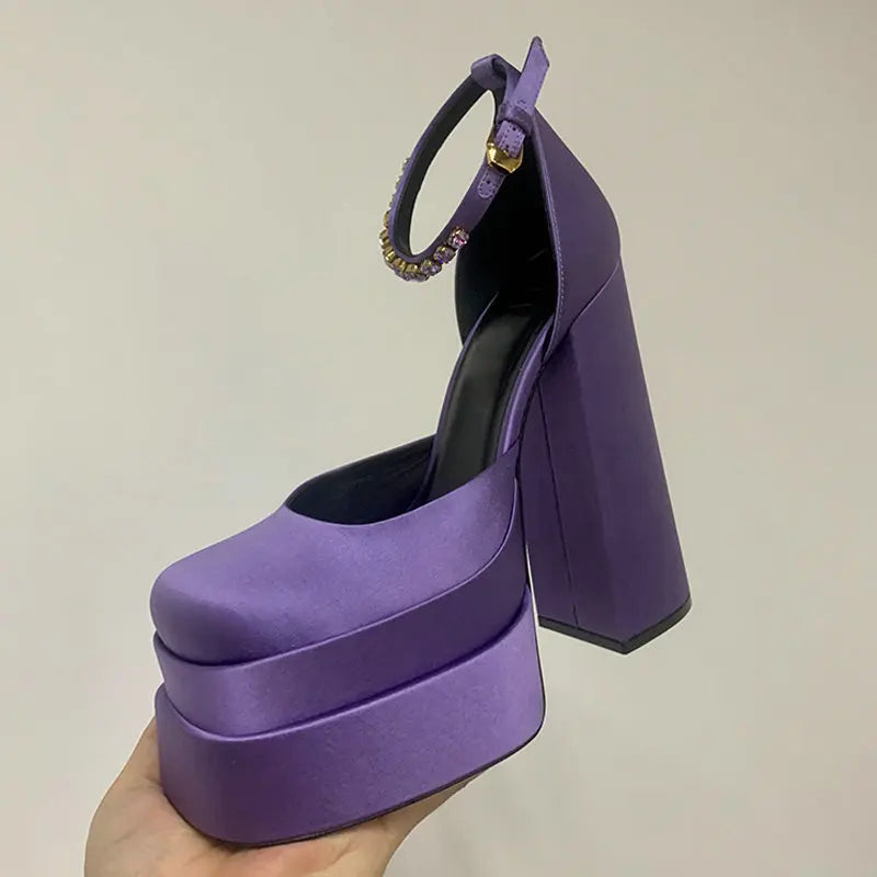 High Heels Women 2024 New Fashion Show 15cm Personality Super High Heel Waterproof Square Head Black Silk Runway Shoes