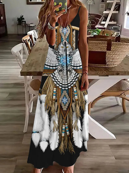 2024 New 3D Owl Vintage Print Sleeveless Vest Long Women's Tribal Pattern Spaghetti Strap Dress Summer Long Loose Vest Dresses