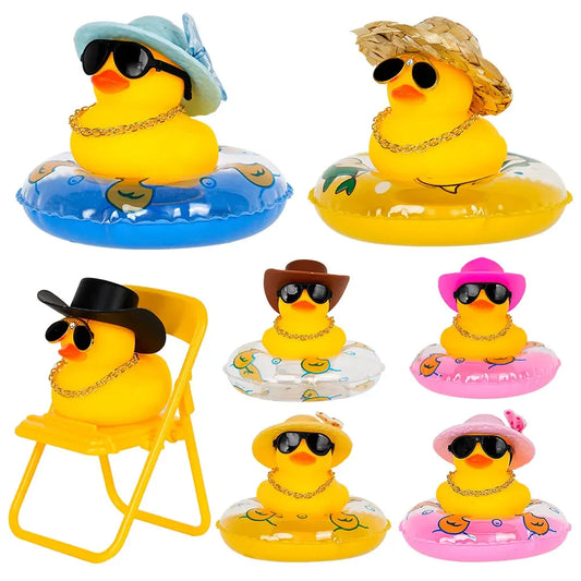 Car Duck Car Rubber Dashboard Decorations Ornament Yellow Duck with Mini Swim Ring Sun Cowboy Hat Necklace for Auto Office