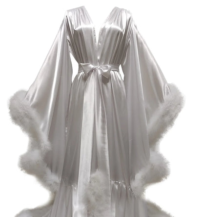 Bathrobe for Women Lingerie Flare Sleeves Bridal Feather Robe Silk Satin Luxury Long Wedding Dressing Gown Maternity Dress