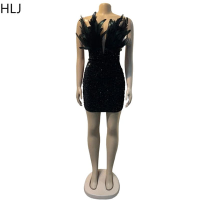 HLJ Black Feathers Sexy Luxury Sequin Tube Dress Backless Mini Bodycon Dresses for Woman Rave Club Birthday Party Night Vestidos