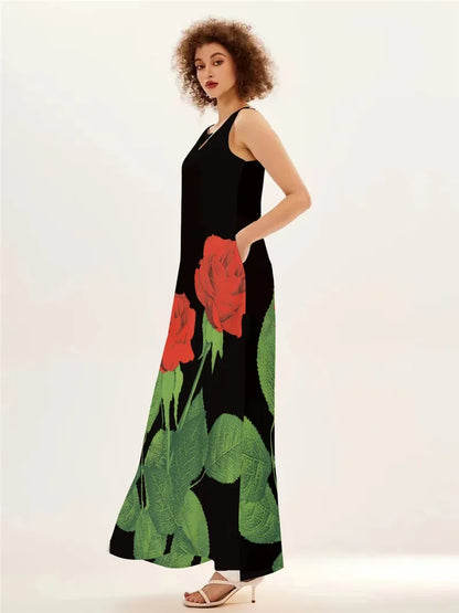 Red Rose Print Long Dress For Women Summer Casual Beach Party Robe Sexy Sleeveless V-neck Pockets Maxi Dress Ladies Clothing