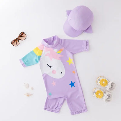 2024 baby boys girls swimwear with cap surfing Wear  swimming suit infant toddler kids children Sunscreen beach bathing Suit