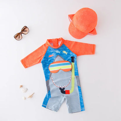 2024 baby boys girls swimwear with cap surfing Wear  swimming suit infant toddler kids children Sunscreen beach bathing Suit