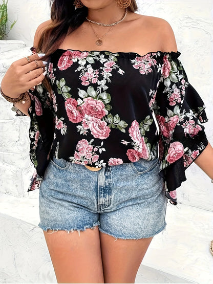 Plus Size Summer Women Elegant Chiffon Shirt Floral Print Off the Shoulder Tops Ruffle Sleeve Curve Clothing