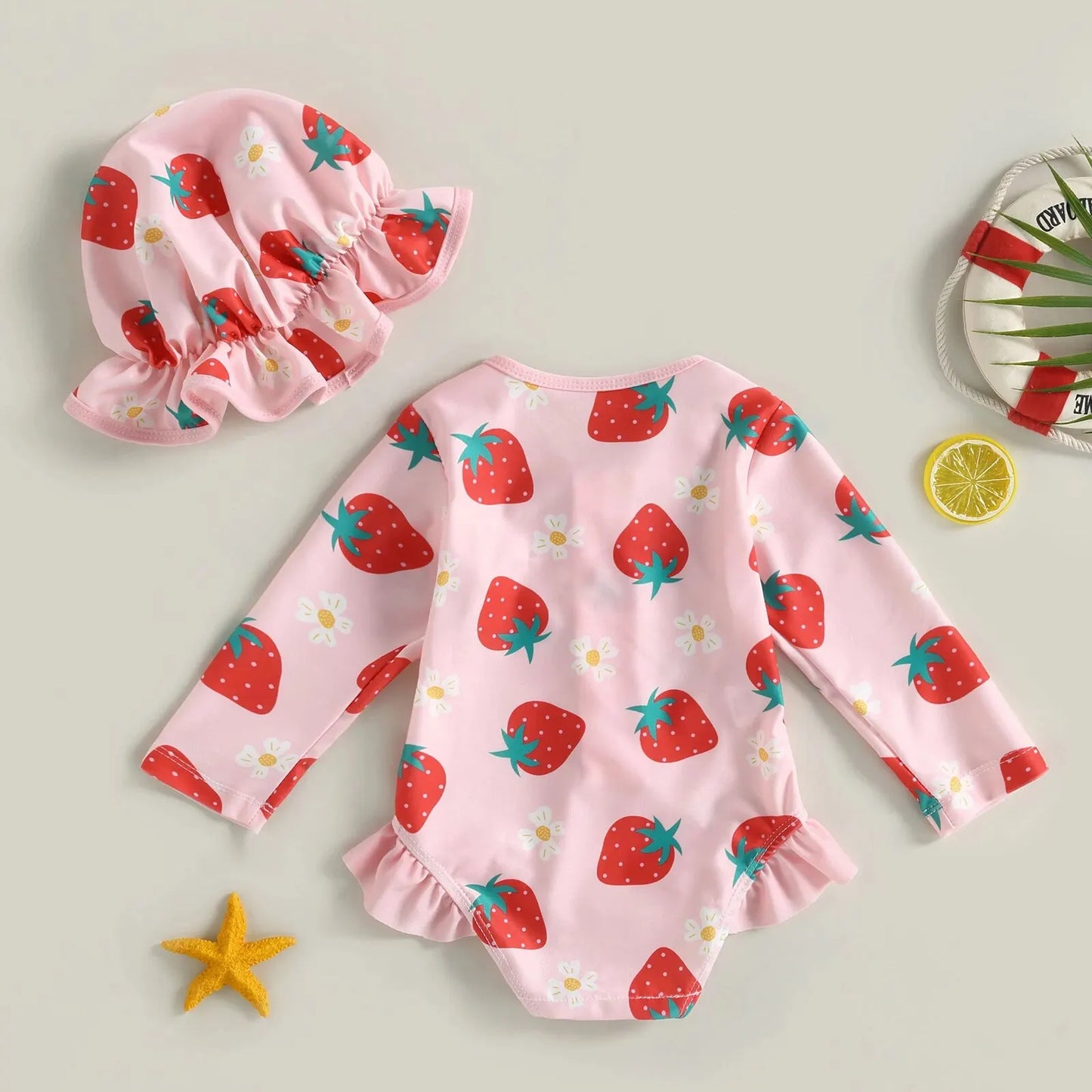 2024 Infant Baby Girl Summer Outfits Flamingo/Flower Print Long Sleeve Zipper Swimwear Jumpsuit Headband Girls Bathing Suits