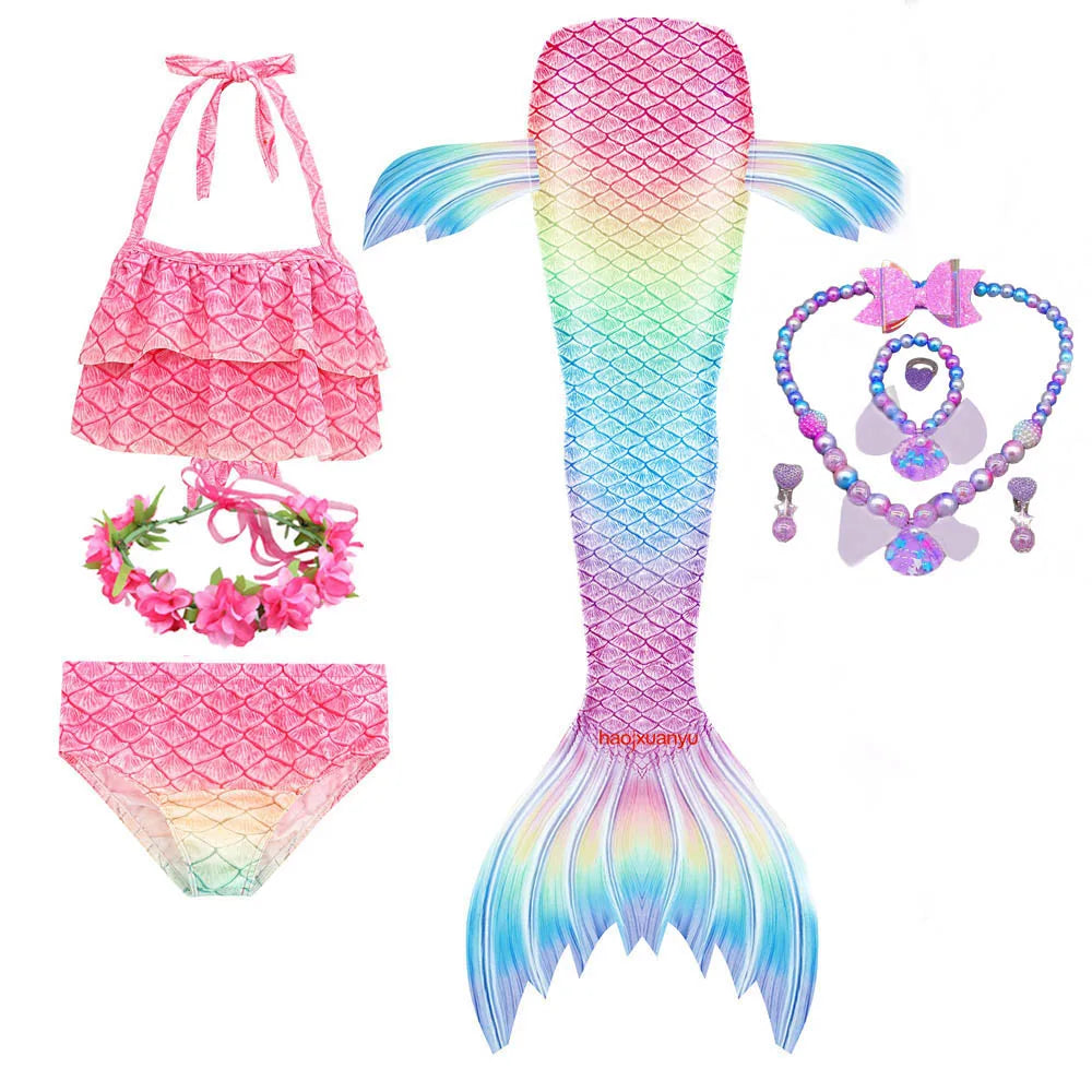 Haojxuanyu Children Mermaid Swimwear Girls Pink Blue Bikini Set Kids Swimsuit Cosplay Mermaid Tail Costume for Swimming