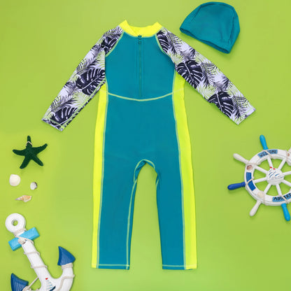 One-Piece Children Swimsuits Kid Swimwear Boys Long Sleeve Sun Protection (including swimming caps)