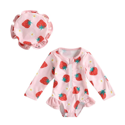 2024 Infant Baby Girl Summer Outfits Flamingo/Flower Print Long Sleeve Zipper Swimwear Jumpsuit Headband Girls Bathing Suits