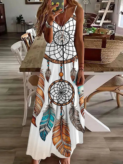 2024 New 3D Owl Vintage Print Sleeveless Vest Long Women's Tribal Pattern Spaghetti Strap Dress Summer Long Loose Vest Dresses