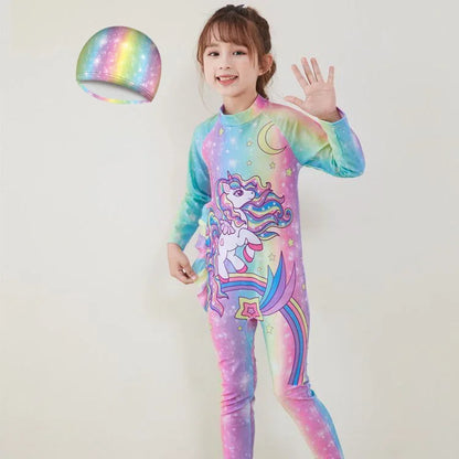 Kids Wet suit Long Sleeve Surfing Suit Rainbow Star Unicorn Diving Snorkeling Swimming Jumpsuit  Dive Swimwear Girls With Cap