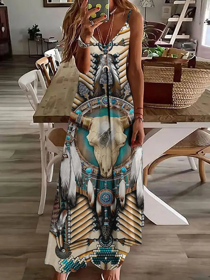 2024 New 3D Owl Vintage Print Sleeveless Vest Long Women's Tribal Pattern Spaghetti Strap Dress Summer Long Loose Vest Dresses